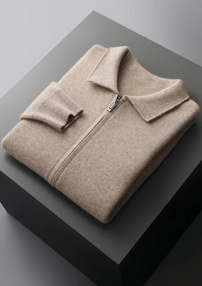 EXTRA-FINE MERINO WOOL ZIP POLO CARDIGAN